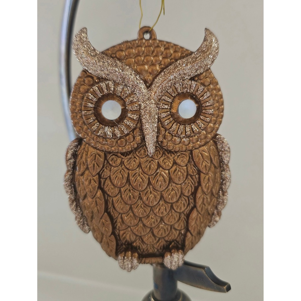 New Kurt Adler Bronze Owl Christmas Ornament Glitter Accents Gemstone Eyes